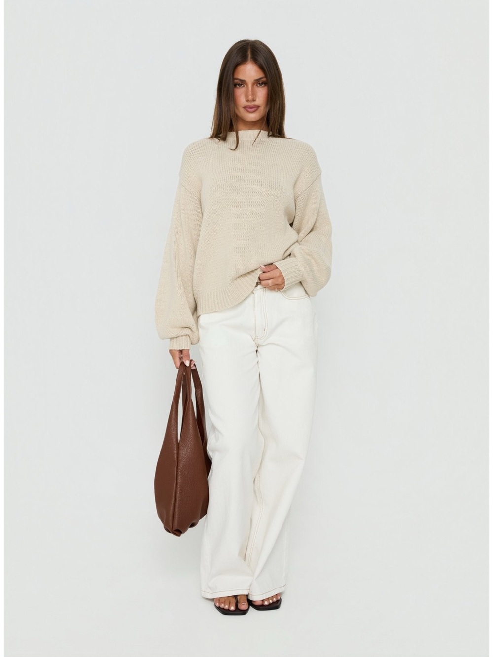 Sz L/XL Princess Polly Harmony Balloon Sleeve Knit Crewneck Sweater In Beige NWT - Picture 6 of 8